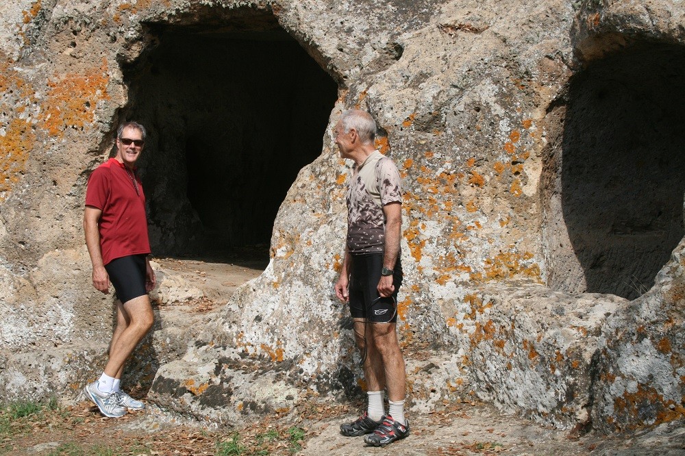 Mark and Bill exploring Etruscan tombs, Umbria