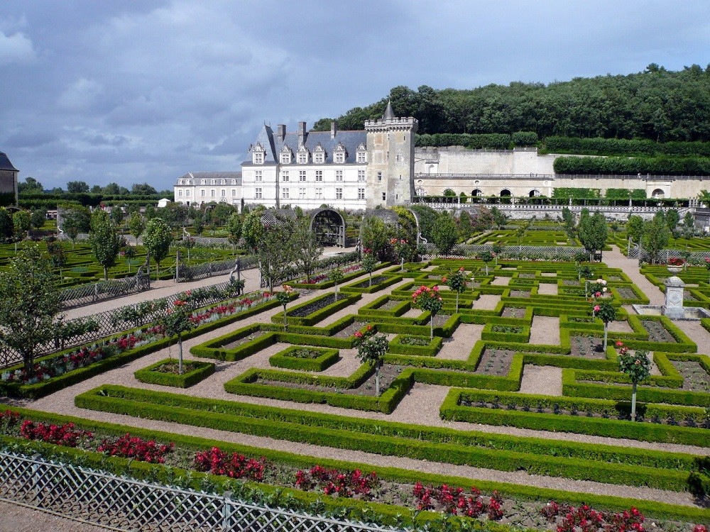 View over the gardens to Château Villandry, Loire Valley