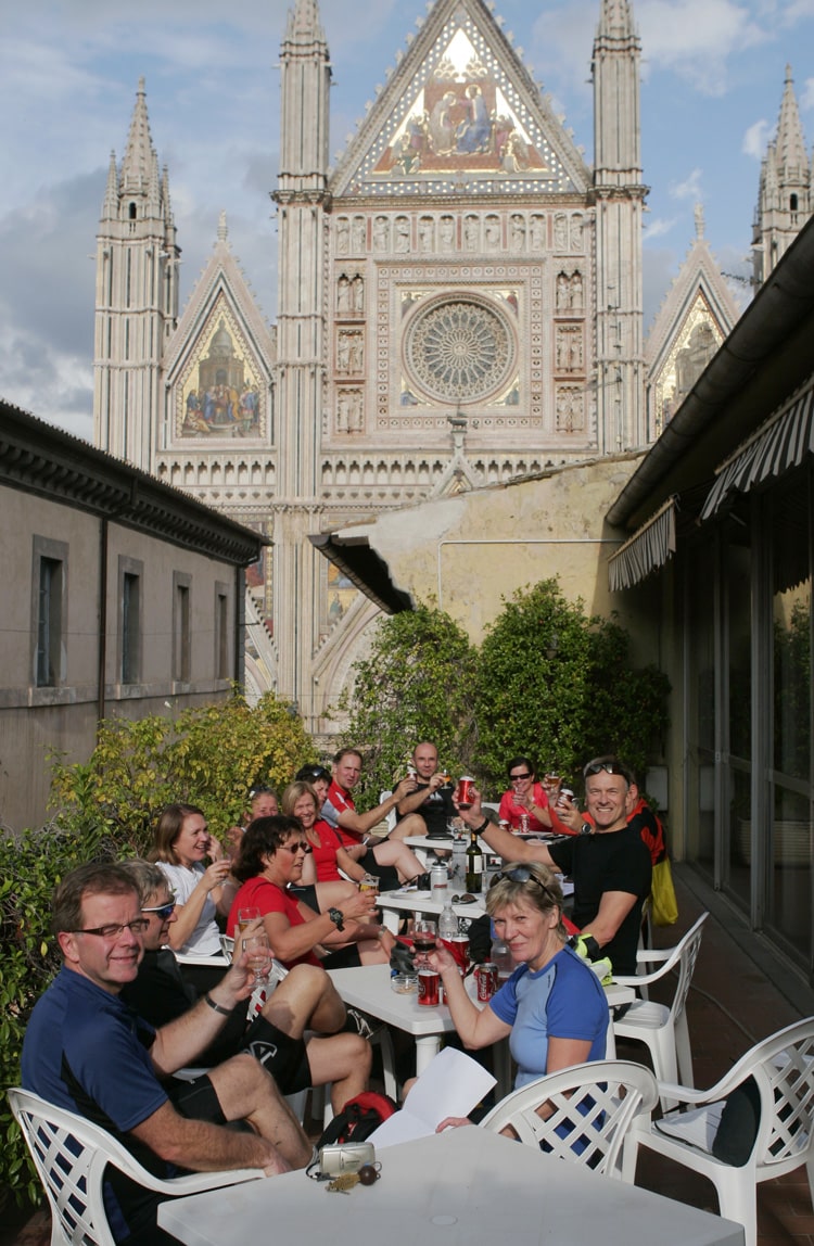 Well-earned beer in the Piazza, in front of the Duomo of Orvieto, Umbria